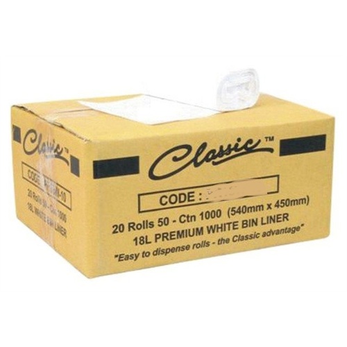 Classic 18L White Bin Liners ctn 1000 (20 Rolls x 50) Garbage Bags 