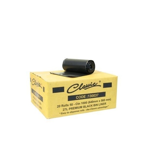 Classic 27L Black Garbage Bin Bag Liners ctn1000 (20 Rolls x 50)