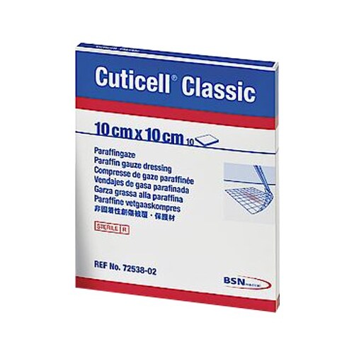 Cuticell Classic QTY 10 Individually wrapped sterile paraffin gauze dressing 10cm x 10cm 72538-02