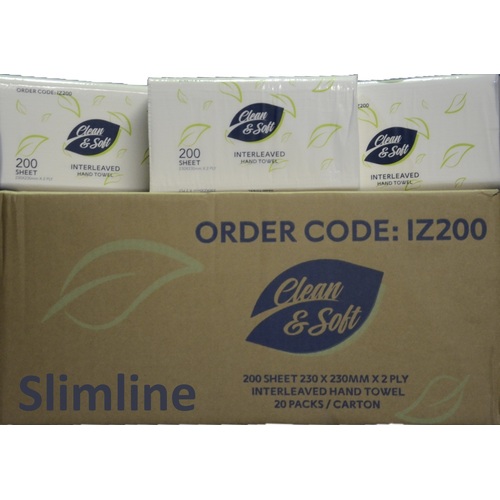 Clean & Soft Slimline Interleaved Hand Towel 23 X 23 CM 250 SHEET X 16 PACK (4000) Z-FOLD 2 PLY